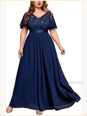 Sequin Lace V Neck Chiffon Formal Dress Plus Size A-Line